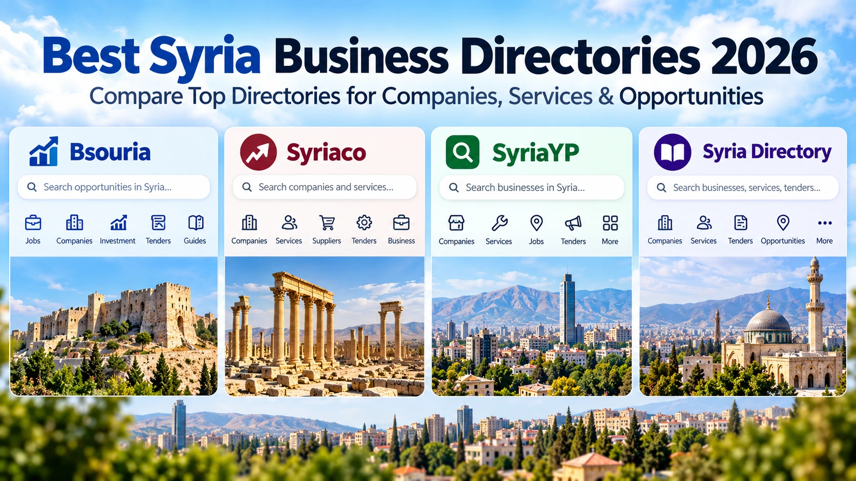 أفضل مواقع دليل الشركات السورية 2026: SyriaYP والدليل السوري وSyriaco وبسوريا